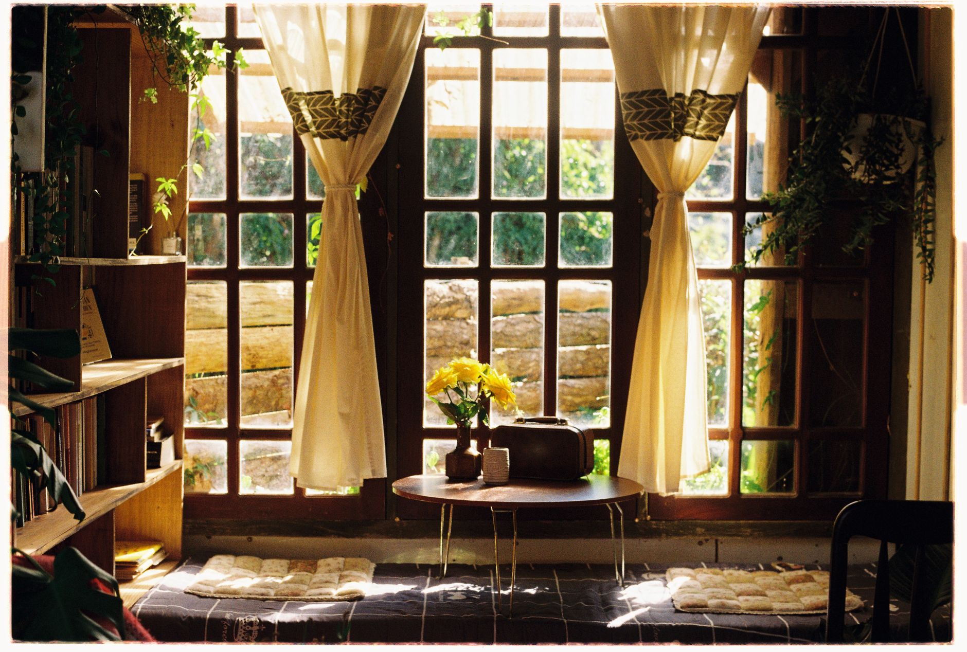 Salón cálido con luz dorada entrando por una ventana de madera, cortinas claras y flores frescas
